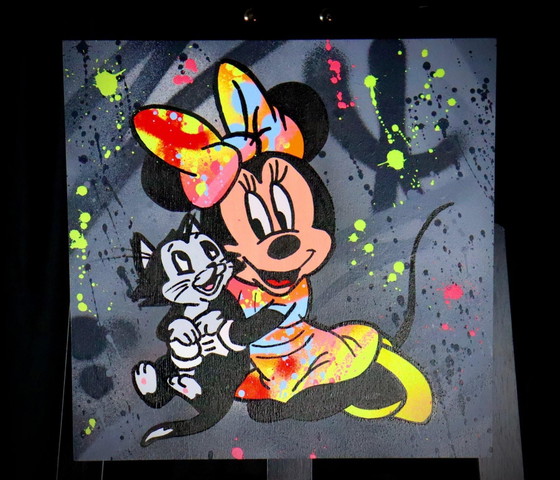 Pop Art Gemälde von Künstler Socrate, Minnie Mouse mit Katze, handsigniert mit Echtheitszertifikat, Unikat (photo 2 of 14)