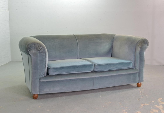 Image 1 of Chesterfield Style Duotone Two-Seat Victorian Sofa in Frosted Blue and Moss Green Velvet, 1950s.