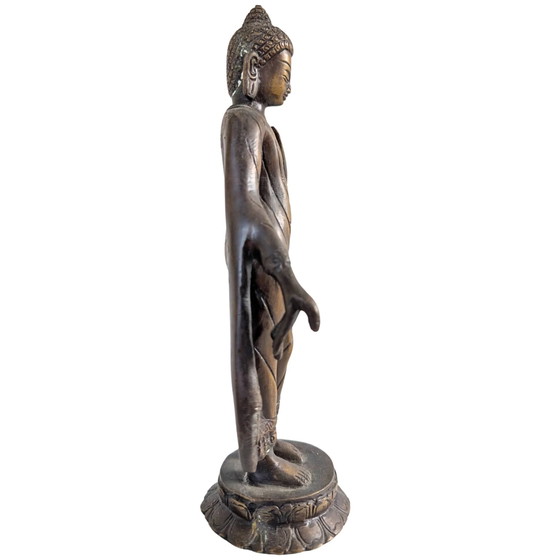 Le Maître de la Compassion – Grande Statue en Bronze du Bouddha Debout – Népal – 27,5 cm – Sculptures (photo 3 of 10)