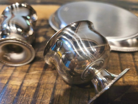 Vintage Alfra Alessi 3-delige roestvrijstalen melkkan- en suikerpotset met dienblad, jaren 50/60. (photo 5 of 5)
