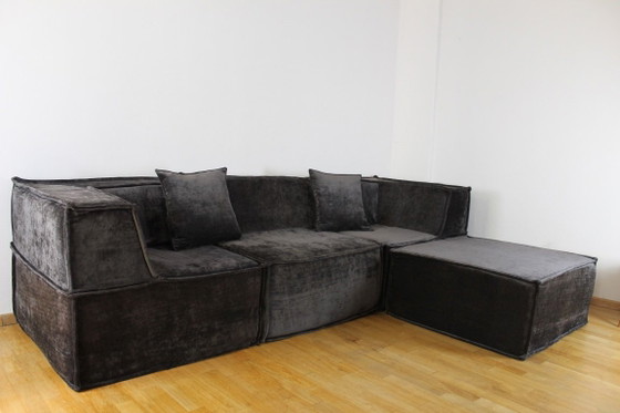 Image 1 of Nieuwe, modulaire bank, fluweel, donkerbruin, vintage design uit het midden van de vorige eeuw.