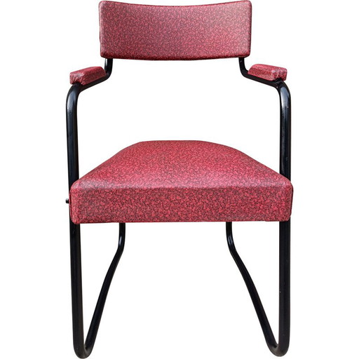 Vintage fauteuil in metaal en rood skai, 1950