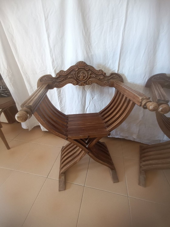 Pair of Savonarola chairs 50s (Italy), Folding chairs, Wood, Brown, Barok (photo 4 of 15)