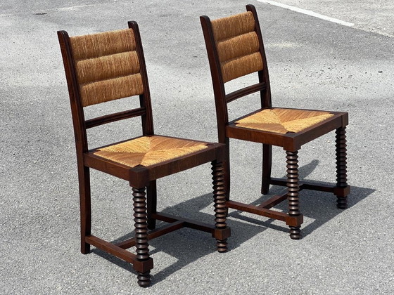 Image 1 of Set of bench and 2 chairs in solid oak and straw French work 1940