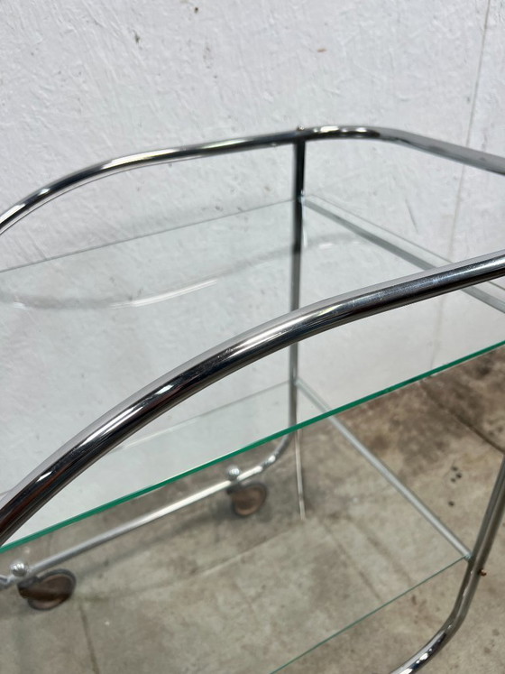 Image 1 of Vintage Chrome Art Deco Trolley with Glass Shelves, Netherlands 1930s