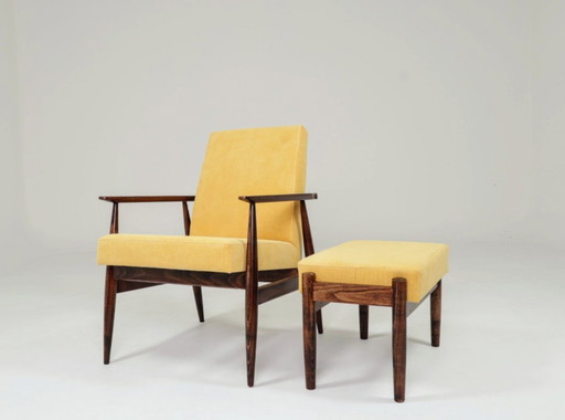 Vintage armchair and footrest retro yellow mellow 1970 