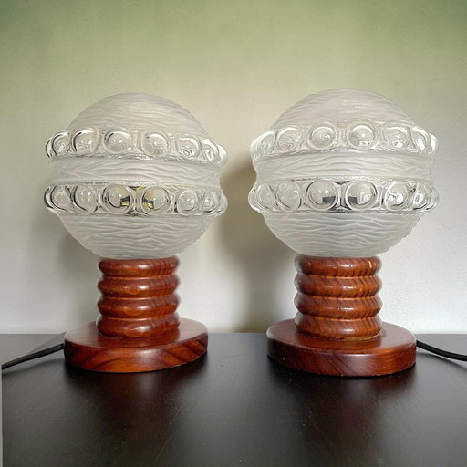 Portuguese Mid Century Wood And Frosted Glass Wooden Table Lamps, Set Of 2 – tafellampen