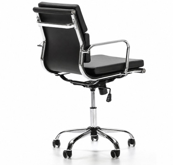 Eames EA217 Softpad Bürostuhl – Schwarzes Leder | Reproduktion – Furnicher, Bürostühle, polished steel (photo 3 of 4)