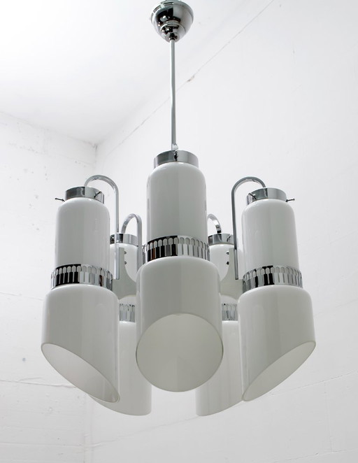 Vistosi Midcentury Italian Murano Glass and Steel "Incamiciato" Chandelier, 60s