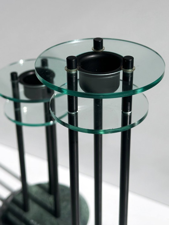 Image 1 of Milano Series Design 80er Art Deco Revival Kerzenständer Postmodern Marmor Grün Paar Set Metall Schwarz Glas Kerzenleuchter