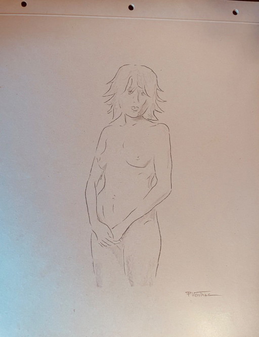 Signed drawing of a female nude, "sketch in notebook, hands down," on antique cardboard