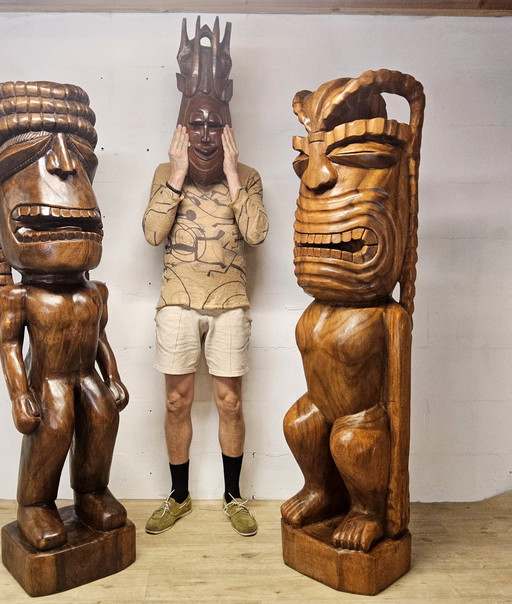 2 Life Size Solid Wooden Tiki Statues Kanaloa and Ku (179cm High) / Huge Hawaiian Tiki Gods Statues