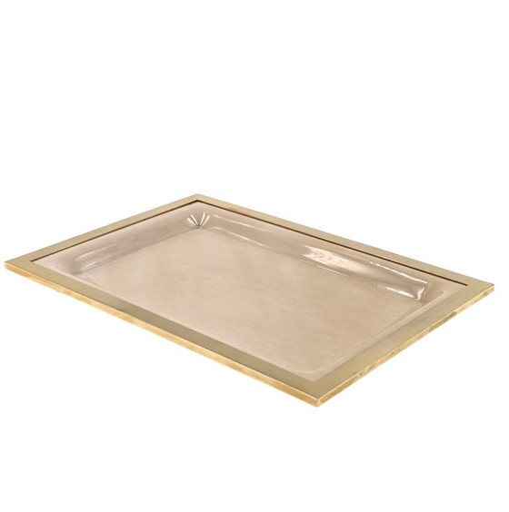 Plateau en lucite couleur crème Hollywood Regency, Italie années 1970, Objets déco, Laiton, Verre, Doré (photo 7 sur 11)