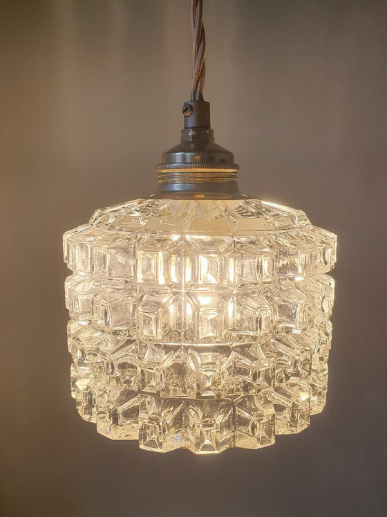Image 1 of Mid-century vintage pendant lamp of thick, textured glass.