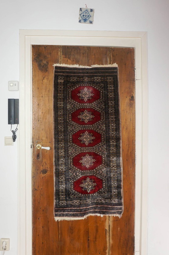 Image 1 of vintage bokhara runner rug * pakistani wool hallway carpet * purple tone and red oriental tribal rug 