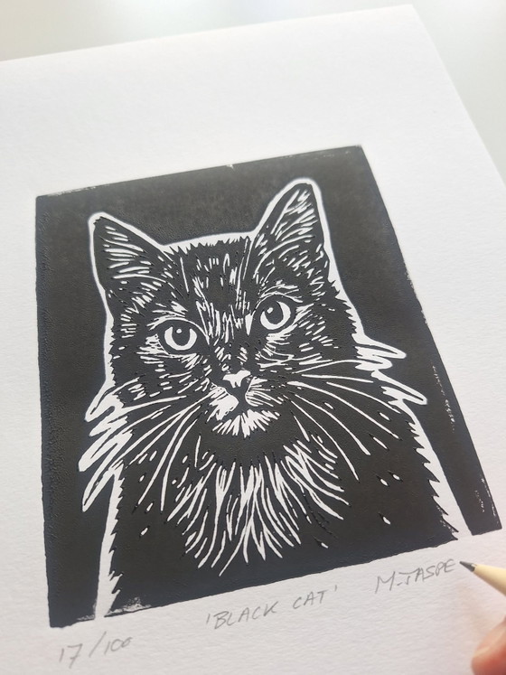 Linogravure 'Black cat' – M. Jasperse, Objets d'art, Papier (photo 2 of 6)
