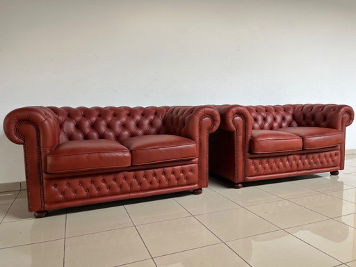 English Chesterfield Sofa Pair – Paprika Leather (Premium Restoration, Rare Colour)