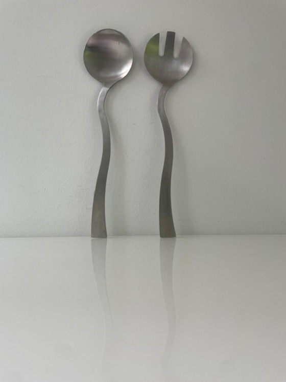Image 1 of Eleganti posate da insalata in acciaio inossidabile dalla forma ondulata