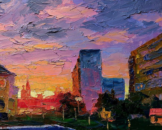 Original Oil Painting Evening Landscape City Orange Sunset – Paintings & Drawings, Canvas (photo 5 of 7)