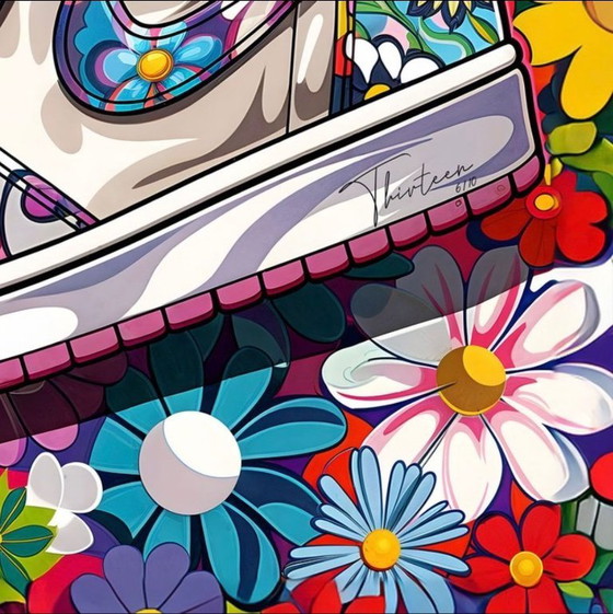 Image 1 of Treize : Nike Jordan par Takashi Murakami. Signé à la main et numéroté 6/10. Cadre en bois inclus. En excellent état.