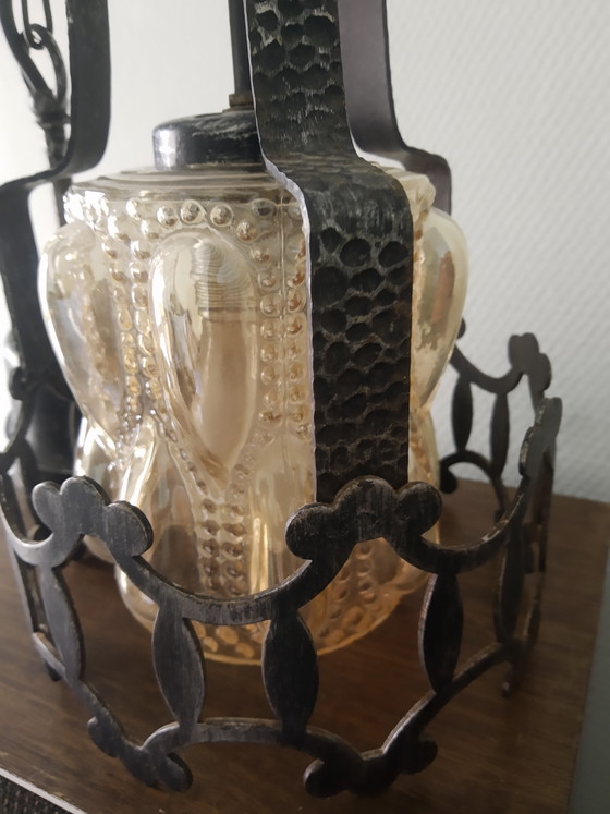 Image 1 of Amberkleurige Art-Deco Art-Nouveau Amsterdamse School pagode stijl hanglamp