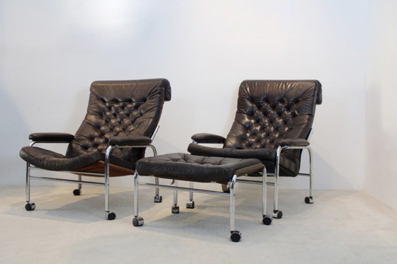 Pair of Noboru Nakamura ‘Bore’ Leather Lounge Chairs, Ikea, Adjustable recliner chair, Chrome (photo 2 of 14)