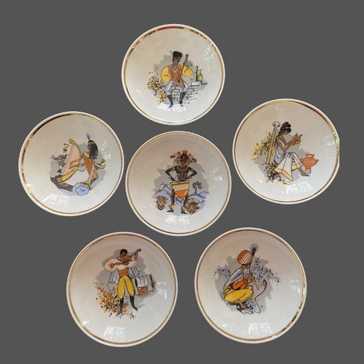 Servizio da 6 pezzi in porcellana Schirdding Bavaria di metà secolo, dedicato ai musicisti di tutto il mondo.