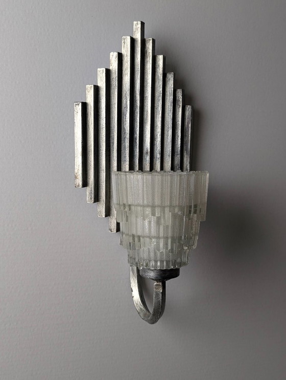 Image 1 of Pair of Ferro Art Iron and Glass Wall Sconces Art Deco Style 1970s