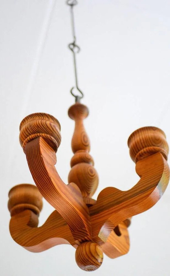 Image 1 of Bougeoir lustre suspendu rustique en bois de Smålandsslöjd, Suède, 1975