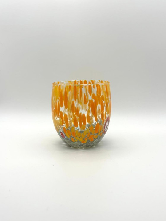 Image 1 of Set van 6 Venetiaanse glazen van geblazen glas met Murano-effect (murrine) in het glas verwerkt, handgemaakt in Italië.