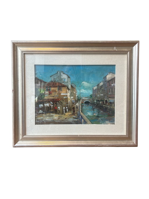 Oil Painting on Cardboard "Disappearing Milan: Vicolo dei Lavandai" by Giampietro Maggi – schilderijen tekeningen