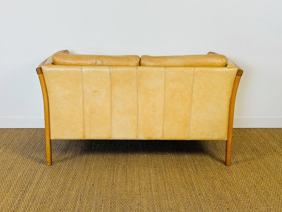 Image 1 of Vintage Scandinavian 2-seater sofa in beige leather and wood by Stouby, 1960s