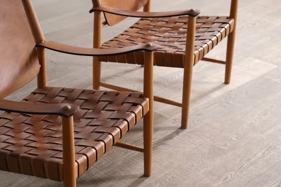 Paire de Fauteuils Safari en Cuir Cognac Tressé, Danemark, années 1960 – Leather (photo 9 of 21)
