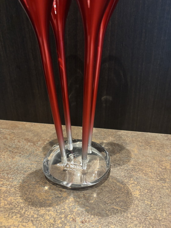 Image 1 of Moët and Chandon 4 red tulip flutes with original Moët Chandon glasses including holder