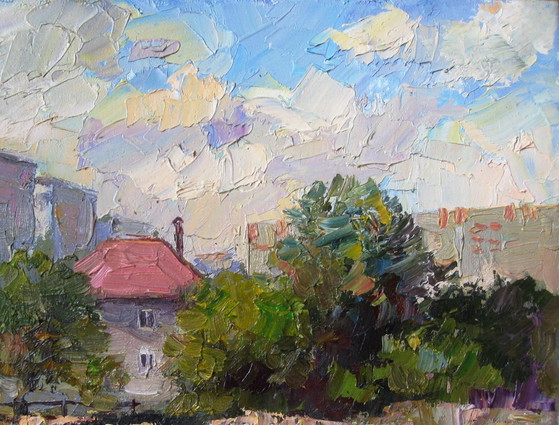 Peinture à l'huile originale Paysage urbain Maison d'été Paradis – Peintures et dessins, Canvas (photo 6 of 8)
