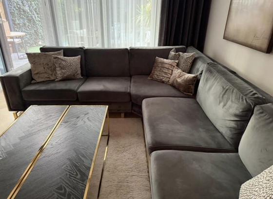 Image 1 of Luxe velvet hoekbank antraciet met gouden details