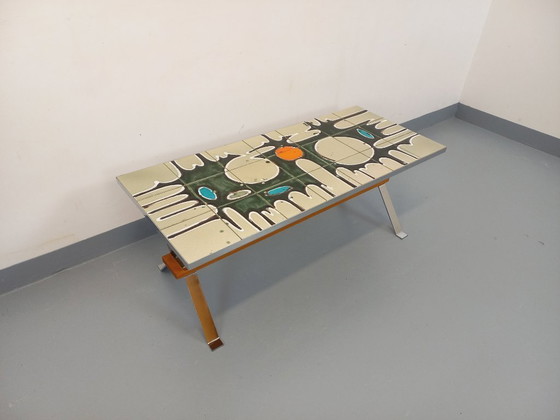 Image 1 of Vintage coffee table from the 60s and 70s in ceramic, chrome metal and wood