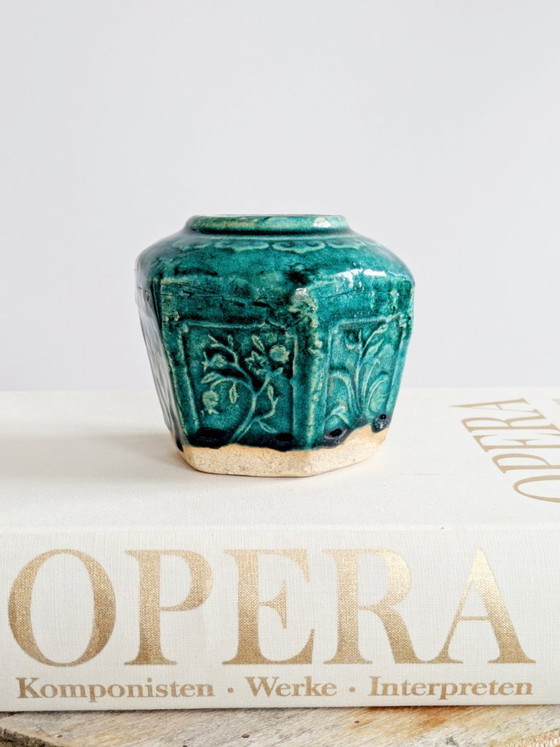 Image 1 of Pot à gingembre Shiwan chinois vintage, récipient hexagonal en faïence émaillée verte, pièce de collection