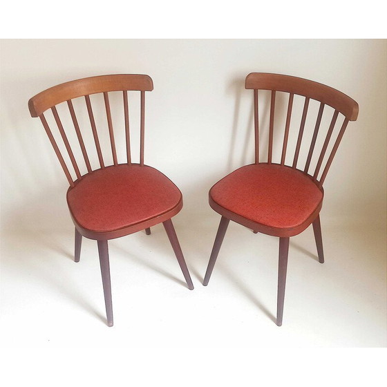 Image 1 of Pair of vintage model 740 chairs in beech and red leatherette for Baumann, 1950