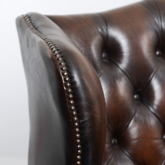 Image 1 of Late 20th Century English-Style Leather Sofa — Pearl Nail Trim & Loose Seat Cushions 