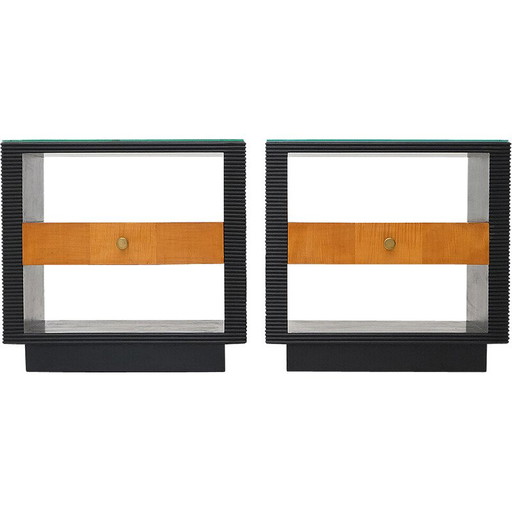 Pareja de mesitas de noche Art Déco vintage en madera y cristal, Italia 1930