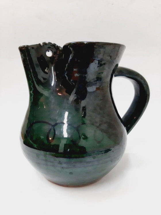 Image 1 of Vintage Glazed Ceramic Green Pitcher