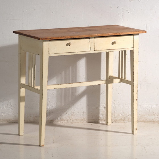 Antieke tafel met twee laden van grenenhout – Centraal-Europa, circa 1910 – Bijzettafels, Porcelain, Rustic (photo 8 of 40)