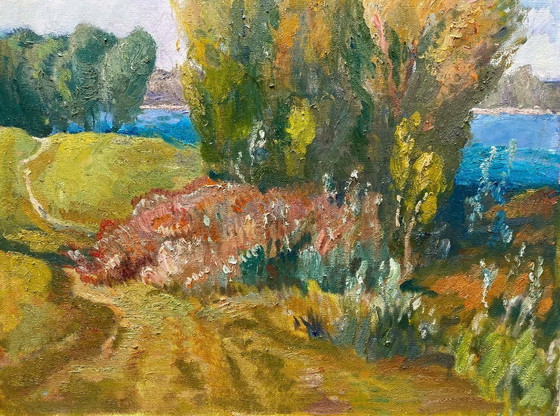 Image 1 of Original Vintage Oil Painting Nature Landscape Road to the Forest