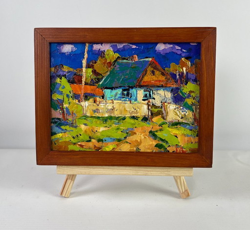 Original Oil Painting Summer Village Landscape Tree, house and endless sky