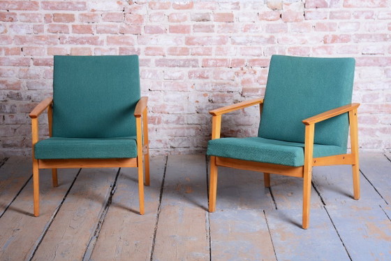 Pair of Restored Mid-Century Armchairs, by Jitona Soběslav, Beech, Czech. 1960s – Textile, Wood (photo 2 of 12)