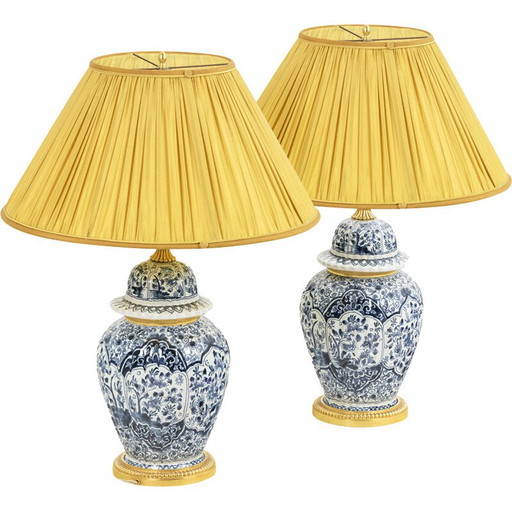 Paar vintage lampen van Delfts aardewerk en brons, 1880