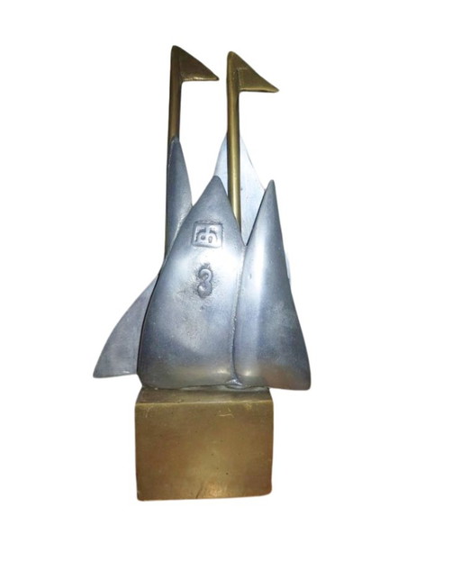 Sculptuur Zeilboot David Marshall in messing en aluminium - Spanje - jaren 70