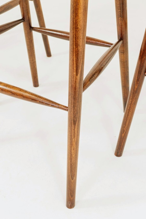 Image 1 of Mid century modern bar stools yellow tartan plaid wool rustic wood set of 3