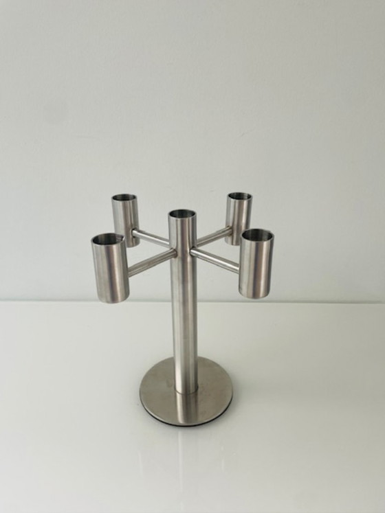 Portacandele a cinque braccia in acciaio inossidabile spazzolato, design moderno, rvs, Argentato (foto 3 di 7)